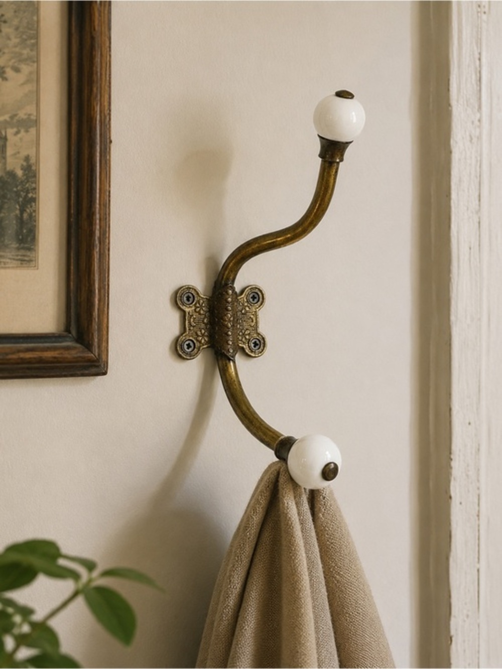 Vintage Victorian Brass Double Coat Hook Porcelain Ball Finials Wall Hook